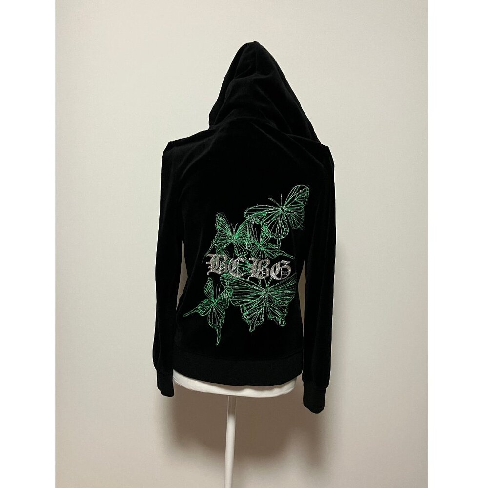BCBG Maxazria Black Velour Hoodie With Green Butterflies, Size Large, Full Zip - Picture 7 of 13